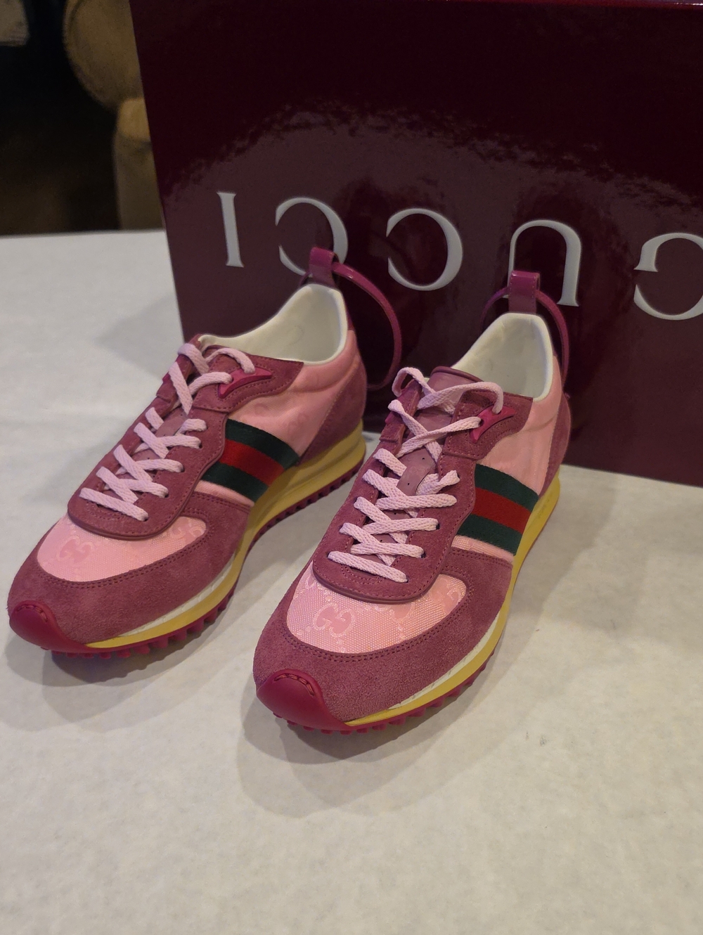 Gucci Pink Suede & Canvas Low-Top Sneakers with Web Stripe